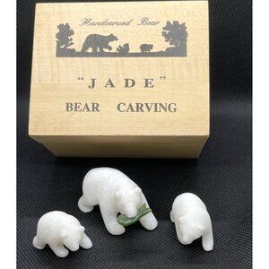 VTG Handcrafted Grizzly Bear with 2 Cubs White Marble Jade Fish Set With Box COA